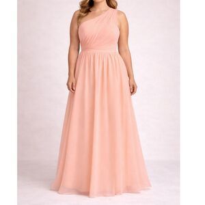 Peach Blush One Shoulder Chiffon Gown Lace Up Prom Bridesmaid Maxi M-L